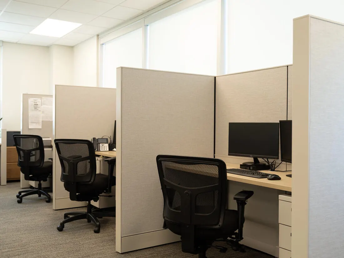 Call center style cubicle bank with acoustic panels