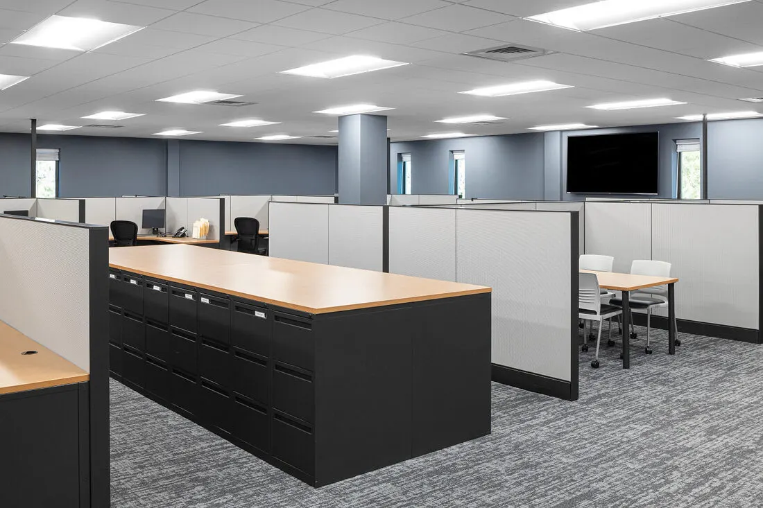 Cubicle with fabric panels and built-in filing pedestal